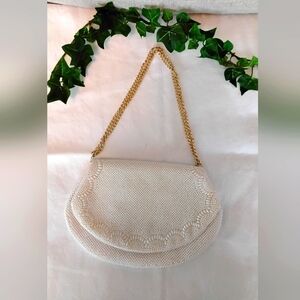 Vintage Retro Satin White Beaded Gold Chain Strap Women's Bag